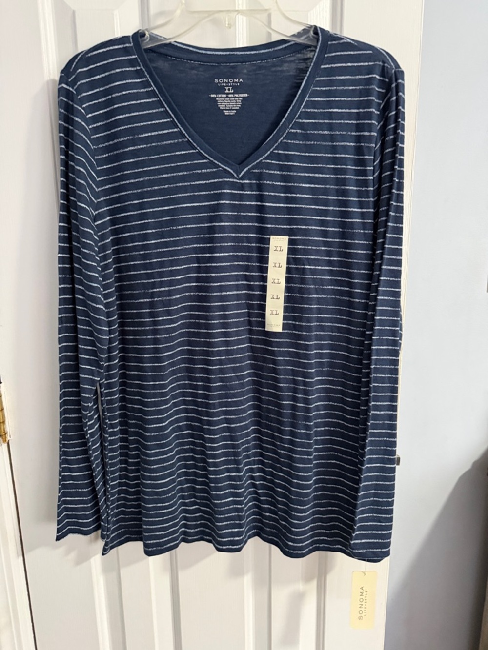 Sonoma Navy & White Striped V-Neck Long Sleeve Top